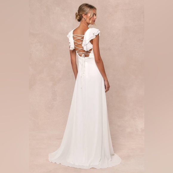 LULU’S Heavenly Romance White Pleated Flutter Sleeve Lace Up Maxi Dress - Picture 4 of 6